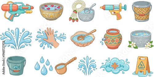 Songkran festival traditional and modern elements including floral garlands, water guns and clay pots.