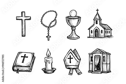 Collection of hand-drawn religious symbols and icons for Christian faith and worship