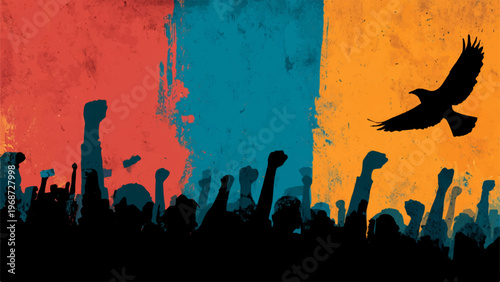 Protest, crowd, raised fists, silhouette, colorful background, bird flying, activism, demonstration
