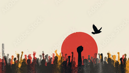 Protest, Revolution, Crowd, Silhouette, Red Sun, Freedom, Vector Icons