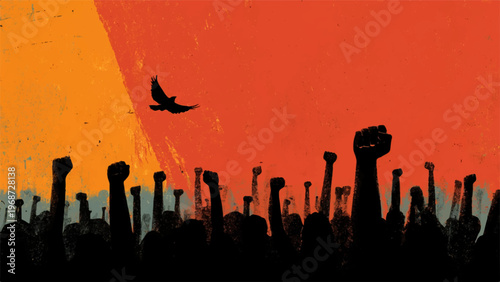 Protest, revolution, crowd, silhouette, raised fists, orange background, vector illustration