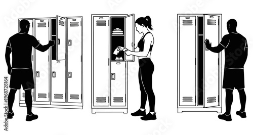 People Using Lockers in Gym Changing Room Silhouette Style Clean Graphic Design