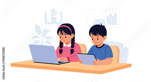Flat style vector illustration of children studying at home using laptop and tablet for online learning, cozy environment with focused expressions, homeschooling concept