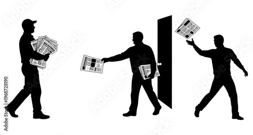 Newspaper Delivery Person Silhouette Series: Walking Handing Out and Throwing Papers