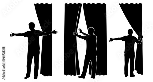 Silhouette Man Opening Curtain Reveal Sequence Isolated On White Background Concept Of Discovery