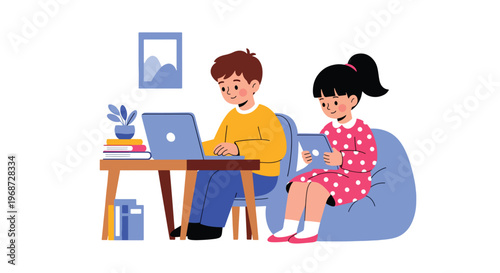 Flat style vector illustration of children studying at home using laptop and tablet for online learning, cozy environment with focused expressions, homeschooling concept