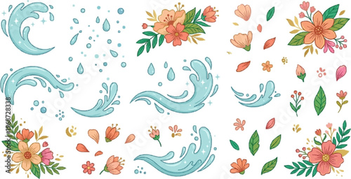 Collection of water splashes and tropical flower arrangements for summer festival designs.