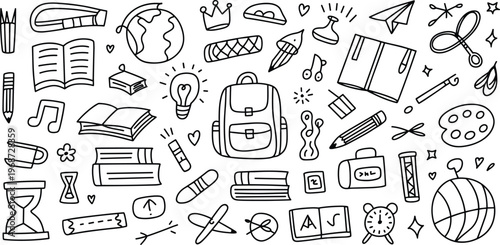 Hand drawn school supplies doodle collection featuring backpack books globe and science laboratory tools for educational back to school student design