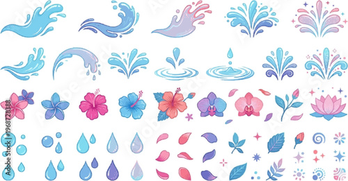 Set of water splashes, drops and tropical flowers for summer and festival themes.