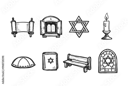 Collection of hand-drawn Jewish cultural and religious symbols in a simple sketch style
