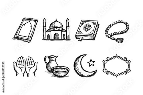 Collection of Islamic cultural symbols and religious items in a hand-drawn sketch style