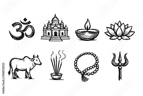 Collection of Hindu religious symbols and icons in a sketch art style