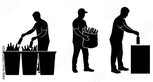 Recycling Process Silhouettes: Worker Sorting Glass Bottles into Bins and Disposing