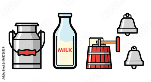 A set of cartoon farm items including a milk bottle and cans, Generative AI.