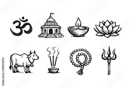 Collection of Hindu religious symbols and icons in a hand-drawn sketch style