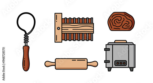 A set of baking tools and ingredients including a rolling pin oven dough pastry brush and cutting board, Generative AI.