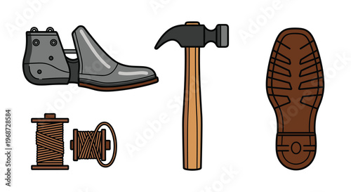 A set of shoe repair tools including a hammer boot thread spools and sole, Generative AI.