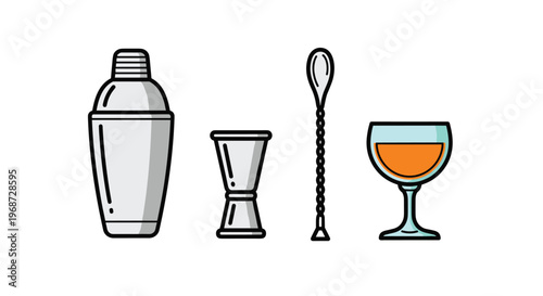 Vector illustration of cocktail shaker jigger muddler and wine glass, Generative AI.