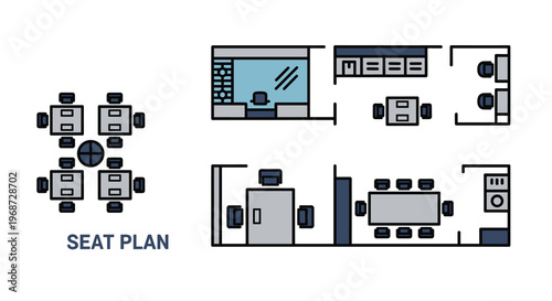 Vector illustration of various office seating arrangements and layouts, Generative AI.