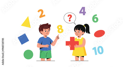 Flat style vector illustration of children learning mathematics with numbers and shapes, solving problems in classroom, modern STEM education and academic learning concept