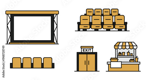 Vector illustration of various cinema and theater elements including a screen seats exit door and concession stand, Generative AI.