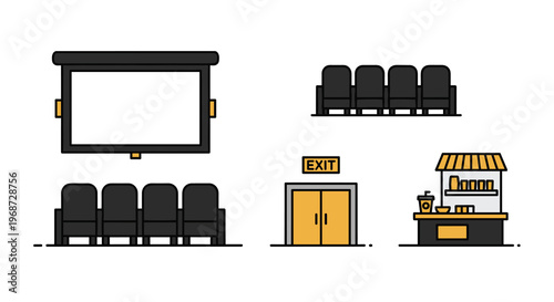 Vector illustration of a cinema or movie theater with seats screen exit door and concession stand, Generative AI.