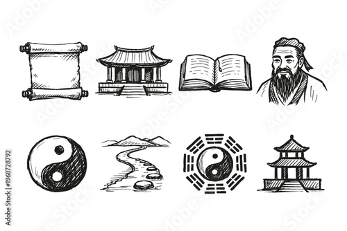 Collection of traditional Chinese cultural symbols and figures in sketch style