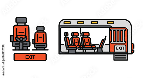 Vector illustration of a bus interior with red seats and exit signs, Generative AI.
