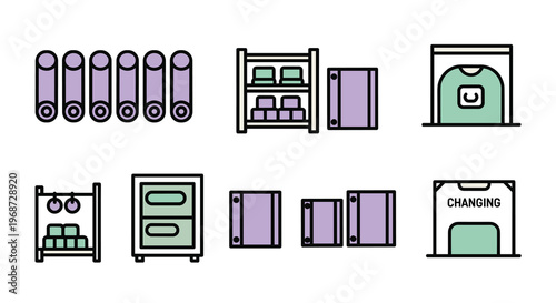 A set of colorful gym equipment icons including lockers and changing rooms, Generative AI.