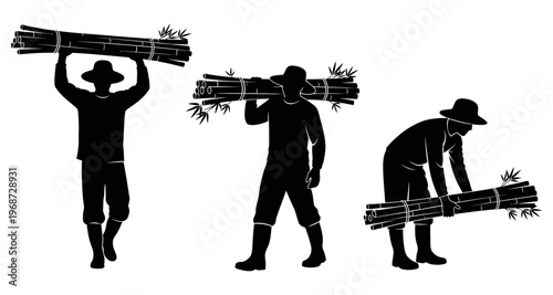 Silhouettes of Farmers Carrying Bamboo Stalks Agricultural Harvest Rural Life Vector Graphic