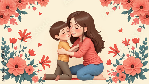 Loving Mother, Child Hug, Cartoon Family, Floral Illustration, Vector Graphic