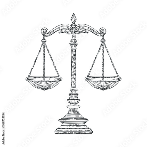 Classic balance scale illustration representing justice and fairness, symbolizing equality, law, and ethical decision-making in a hand-drawn style.