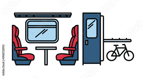Vector illustration of a train interior with two seats a table a door and a bicycle, Generative AI.
