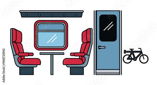 Vector illustration of train interior with red seats table door and bicycle, Generative AI.