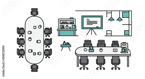 Vector illustration of a modern office interior with meeting rooms and furniture, Generative AI.