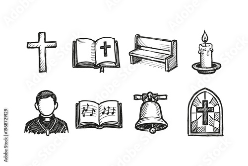 Collection of hand-drawn religious symbols and church elements in a sketch style