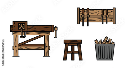 A set of woodworking tools and equipment including a workbench stool and bucket of wood, Generative AI.