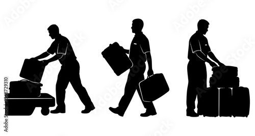Airport Baggage Handler Silhouettes Loading Luggage onto Cart and Stacked Flat Vector Art