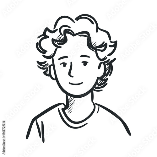 Hand-drawn sketch of a smiling person with curly hair, depicted in a minimalist black and white line art style, conveying a friendly and approachable expression.