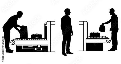 Airport Security Checkpoint: Luggage on Conveyor Belt Passenger Being Screened Silhouette Style