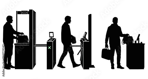 Airport Security Checkpoint Silhouettes: Boarding Pass Scan Metal Detector Baggage Screening Vector Art
