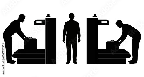 Airport Security Checkpoint with X-ray Scanner and Passenger Silhouette Minimalist Vector Illustration