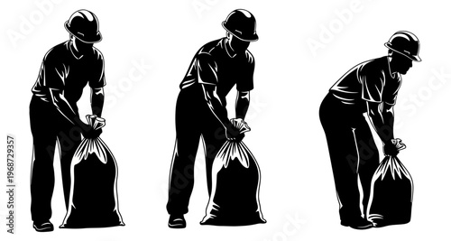 Worker in Hard Hat Carrying Trash Bags Silhouette Detailed Movements Industrial Setting Vector Art