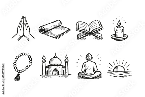 Collection of Islamic and spiritual symbols in a doodle art style
