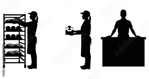 Baker Silhouettes Arranging Bread on Rack Holding Pastry Serving at Counter