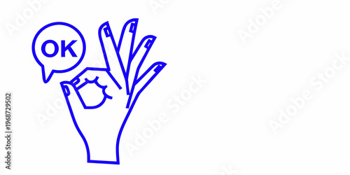A blue line drawing of a hand displaying the ok gesture