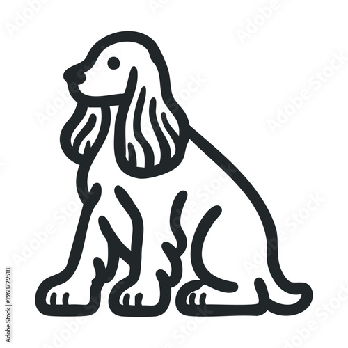 Cute dog illustration featuring a sitting spaniel with long floppy ears, rendered in a simple, clean black outline style, perfect for various design projects.