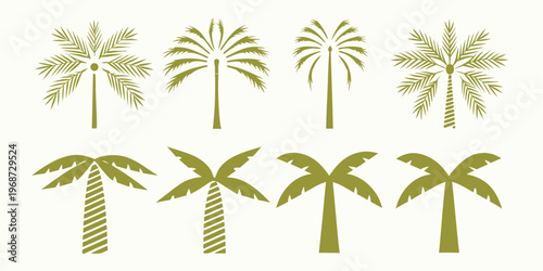 Stylized illustration of various palm trees in shades of green