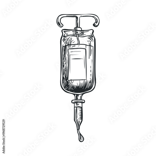 Intravenous medical drip bag illustration depicting essential healthcare treatment and fluid delivery in a vintage engraving style for medical concepts.
