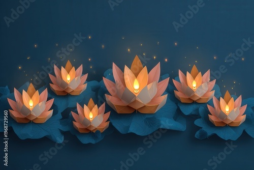 Colorful lotus flowers float on a dark background, softly lit with warm light, creating a serene atmosphere during a cultural celebration